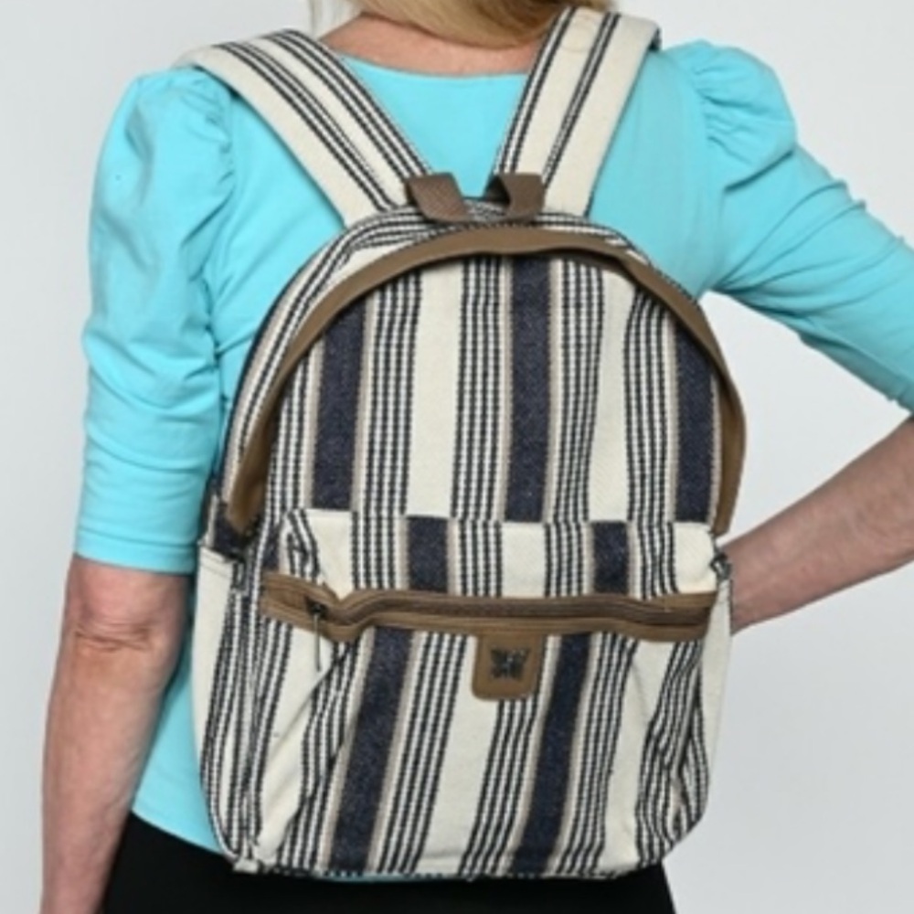 Le Chateau Blue & White Striped Hippie Cotton Backpack. NWOT. Gender Neutral.
